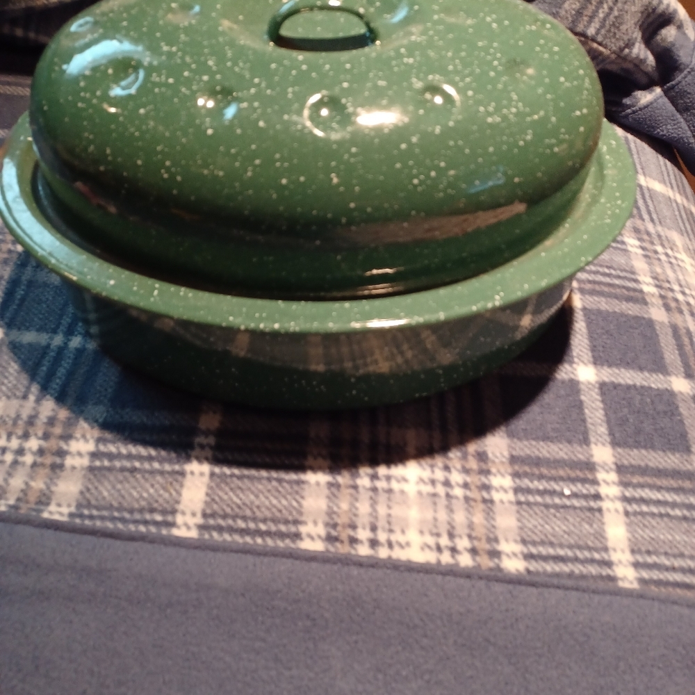 Vintage Roasting Pan w/Lid Enamel Green with White Specks